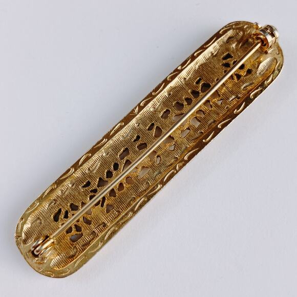 VTG 1950s Brooch Mid Century Gold Tone Filigree Bar Textured Leaf Design Pin - Picture 6 of 7